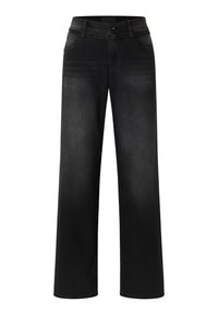 Schwarze weit geschnittene Jeans aus Denim. Mit Knopfverschluss, Gürtelschlaufen und klassischem Fünf-Taschen-Design, das leicht verblasste Details aufweist.