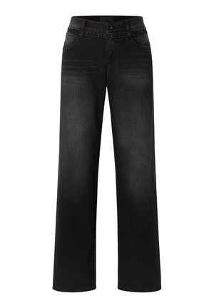 Jean large noir en denim. Comprend une fermeture à bouton, des passants de ceinture et un design classique à cinq poches avec des détails légèrement décolorés.