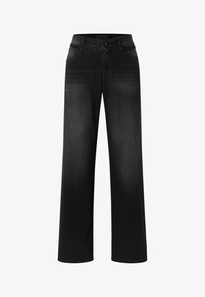 Czarne szerokie dżinsy wykonane z denimu. Posiadają zapięcie na guzik, szlufki na pasek oraz klasyczny pięciokomorowy krój z lekko wyblakłymi detalami.