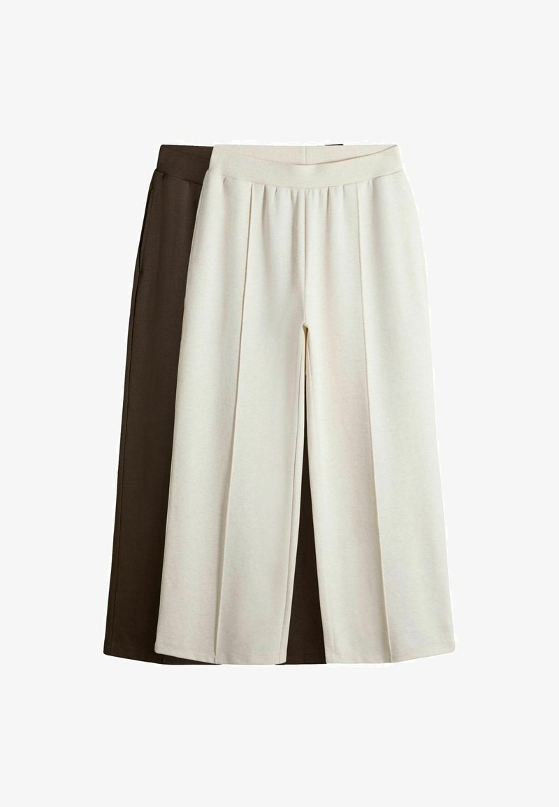 Deux pantalons à jambes larges : l'un en marron foncé et l'autre en beige clair. Les deux présentent une texture lisse et des plis détaillés.