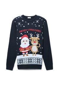 Maglione di Natale blu navy con Sant'Antonio e una renna, decorato con fiocchi di neve e la scritta "BUON NATALE" in rosso. Motivo lavorato a maglia alla base.