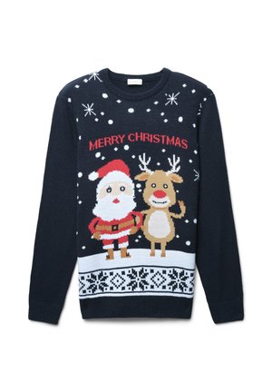 Maglione di Natale blu navy con Sant'Antonio e una renna, decorato con fiocchi di neve e la scritta "BUON NATALE" in rosso. Motivo lavorato a maglia alla base.