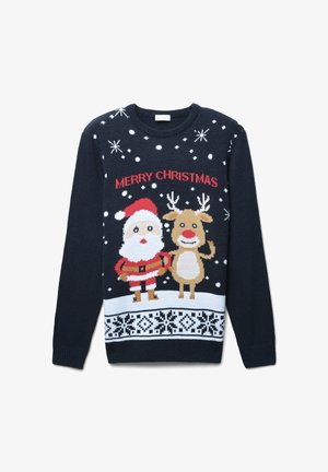 Maglione di Natale blu navy con Sant'Antonio e una renna, decorato con fiocchi di neve e la scritta "BUON NATALE" in rosso. Motivo lavorato a maglia alla base.