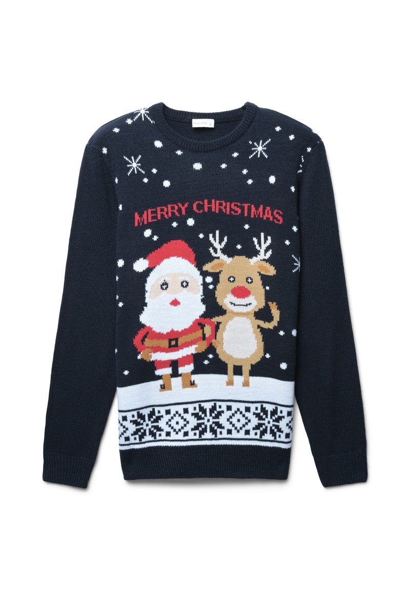 Maglione di Natale blu navy con Sant'Antonio e una renna, decorato con fiocchi di neve e la scritta "BUON NATALE" in rosso. Motivo lavorato a maglia alla base.