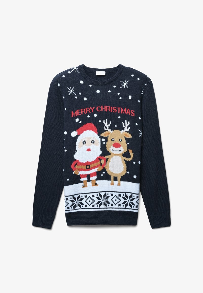 Dunkelblauer Weihnachtspullover mit Santa und einem Rentier, versehen mit Schneeflocken und dem Text "FROHE WEIHNACHTEN" in Rot. Strickmuster am Bund.