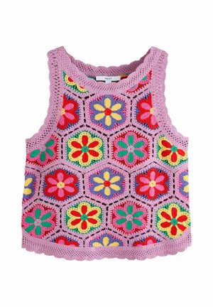 Gehäkeltes, ärmelloses, violettes Oberteil mit bunten sechseckigen Blumenmustern in Rot, Gelb, Grün, Blau und Rosa, mit gewellten Kanten.