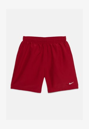 Rote Sportshorts mit elastischem Bund und kleinem weißem Nike-Logo am unteren linken Bein, auf weißem Hintergrund dargestellt.