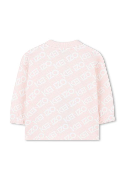 Roze sweatshirt met een wit logo patroon, lange mouwen, geribbelde halslijn en een zachte textuur. Casual ontwerp dat geschikt is voor verschillende gelegenheden.