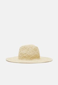 Cappello di paglia intrecciata in beige chiaro con una larga visiera e un motivo testurizzato. Presenta una corona arrotondata e un design aperto per una buona traspirabilità.
