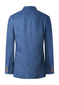 Rückansicht eines blauen, strukturierten Blazers mit Kerbkragen und jeweils vier braunen Knöpfen an den Ärmelabschlüssen.