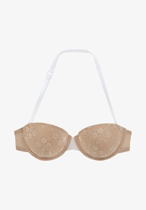 Beiger Spitzen-BH mit Unterdraht, weichen geformten Cups und klar verstellbaren Trägern. Glatte Stoffoberfläche mit floralen Spitzenverzierungen.