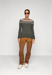 Pleteni pulover v temno sivi barvi z lahkim in rjavim geometrijskim vzorcem na izrezu, kombiniran z rjavimi hlačami za sneg in svetlo obutvijo.