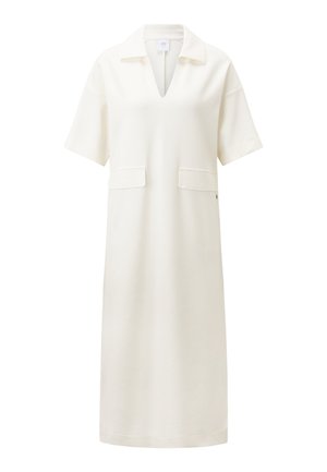 White short-sleeve dress with a collar, V-neck, and two front patch pockets. Made of soft material; straight, knee-length silhouette.