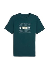 Camiseta de algodón color azul verdoso con un gráfico audaz "PUMA" en blanco y crema impreso en el centro, con mangas cortas y un diseño estándar de cuello redondo.