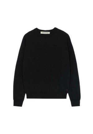 Maglione nero in un morbido tessuto a maglia. Presenta un collo tondo, maniche lunghe, polsini e orlo a coste, con un piccolo tag con logo in basso.