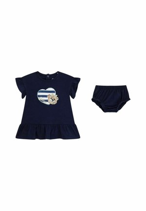 Vestitino blu navy per neonati con maniche e orlo arricciati, design cuore e orsetto sul davanti, abbinato a copripannolino blu navy coordinato.