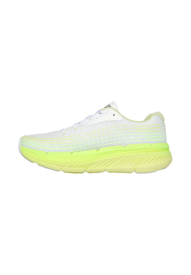 Scarpa sportiva bianca in rete con un design leggero, caratterizzata da una suola intermedia giallo-verde brillante e tessuto testurizzato per la traspirabilità.