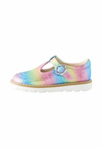 Mary Jane shoe in rainbow iridescent material, featuring a textured crocodile pattern, T-strap with a decorative buckle, and white sole.