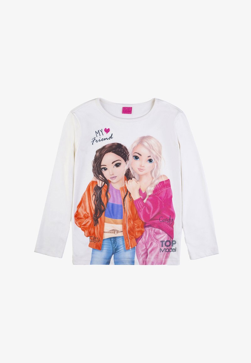 Weißes Langarm-T-Shirt mit grafischen Motiven von zwei weiblichen Charakteren, eine in einer orangefarbenen Jacke und die andere in einem pinken Pullover.