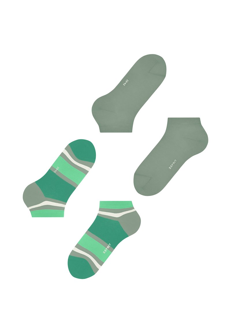 Grüne Baumwollsocken in zwei Designs: einfarbig hellgrün und eine gemusterte Version mit dunkelgrünen, mintfarbenen und grauen Streifen.