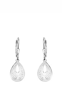 Silverörhängen med en tårformad design, med intrikata utskärningar och en kant av glittrande detaljer. Hängande klämsystem för tryggt bärande.