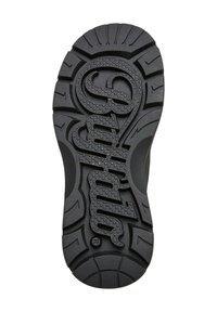 Suela de zapato de goma negra con una superficie texturizada, patrones de relieve marcados y la palabra "Grizzly" grabada en el centro.