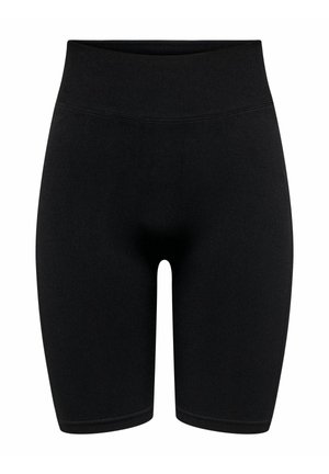 Højtaljede sorte biker-shorts med et glat, elastisk stof og knælang længde.