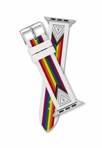 Biały silikonowy pasek do zegarka z tęczowymi paskami, metaliczna srebrna klamra oraz geometryczne akcenty z marką "GUESS" i logo.