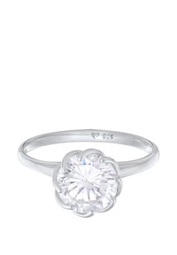 Bague plaquée argent présentant une grande pierre précieuse claire, ronde et facettée, avec des accents de design floral autour de la pierre ; marquée 925.