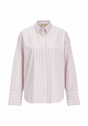 Valkoinen pitkähihainen kauluspaita, jossa on pystysuorat punaiset raidat ja leveät kalvosimet, esillä yksivärisellä valkoisella taustalla.