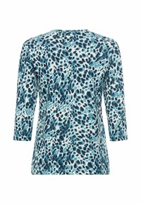 Patroon top met driekwartmouwen, afgewerkt met een blauw en teal abstract print op een lichte achtergrond, gemaakt van een zachte stof.