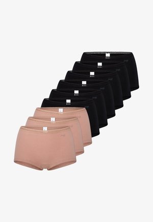 Zestaw dziewięciu bawełnianych majtek typu hipster w kolorze czarnym i jasnoróżowym, z koronkową lamówką wzdłuż pasa i gładką fakturą.
