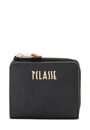 Portafoglio nero testurizzato con chiusura a zip, dotato di dettagli in metallo color oro e logo in rilievo sulla parte anteriore. Design compatto e rettangolare.