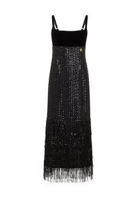 Črna večerna obleka z oprijetim žametnim korpusom, sequinsko krilo in frfotajočim obrobjem. Ima nastavljive naramnice in zlati detajl.