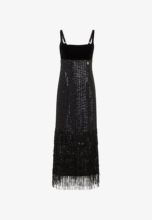 Fekete estélyi ruha, testhezálló bársonyból készült felsőrésszel, flitteres szoknyával és rojtos szegéllyel. Állítható pántokkal és arany díszítéssel rendelkezik.