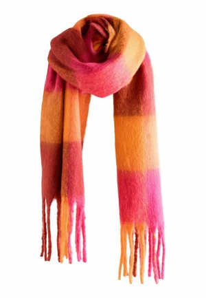 Wool scarf featuring a gradient design with pink, orange, and red hues; includes fringed ends and a soft, warm texture.