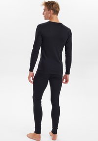 Black long-sleeve thermal top and matching fitted pants, ribbed cuffs, and smooth texture, worn by a model from a rear view.