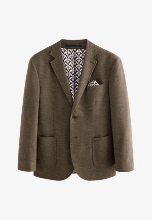 Bruine herenblazer met zwart-witte patroonvoering en bijpassend pochet, twee opgestikte voorzakken, enkele knoopsluiting.