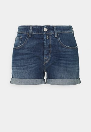 Mørkeblå denimshorts med opkrogede kanter, forreste knap, lynlåslukning, bæltestropper samt for- og møntlomme.
