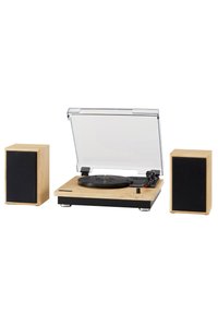 Turntable with wooden base, transparent dust cover, black platter, and two wooden speakers with black fabric fronts.