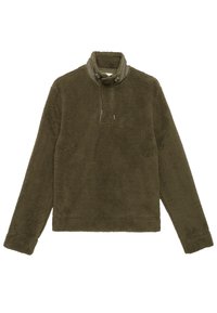 Pull-over en polaire vert olive avec un haut col, une fermeture éclair demi-longue et des cordons de serrage réglables. Texture douce, manches longues et ourlet droit.