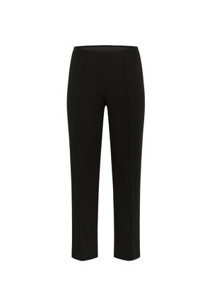 Black, fitted trousers with a smooth texture, mid-rise waist, and subtle seam details. Straight leg design. No visible closures or pockets.