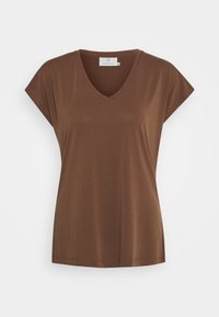 Brązowa koszulka typu V-neck z krótkimi rękawami, wykonana z gładkiego materiału. Charakteryzuje się luźnym krojem i starannym przeszyciem u dołu.
