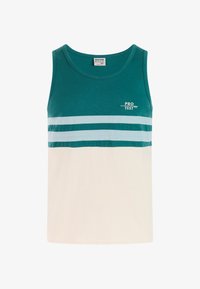 Camiseta sin mangas verde y crema con tres franjas horizontales de color azul claro, con el logo "PRO TEST" en blanco en la parte superior izquierda. Hecha de algodón.