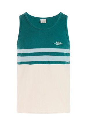 Groen en crèmekleurig tanktop met drie horizontale lichtblauwe strepen, met het witte "PRO TEST" logo linksboven. Gemaakt van katoen.