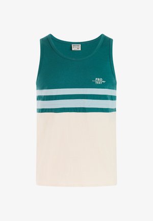 Groen en crèmekleurig tanktop met drie horizontale lichtblauwe strepen, met het witte "PRO TEST" logo linksboven. Gemaakt van katoen.