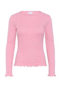 Lichtroze langemouwen sweater met een aansluitende pasvorm, subtiele verticale patronen en gerafelde randen bij de manchetten en zoom.