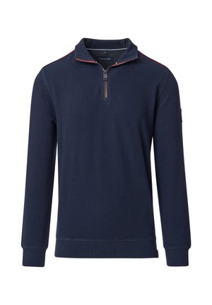 Marineblauer Pullover mit einem Viertel-Reißverschluss, gerippter Textur und kontrastierendem roten Nähten am Kragen. Mit langen Ärmeln und einem taillierten Saum.