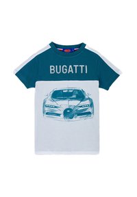 T-shirt teal e bianco in cotone, con la scritta "BUGATTI" e un disegno di un'auto azzurro chiaro sulla parte anteriore. Maniche corte e collo rotondo.