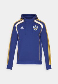 Blue hoodie with yellow and white stripes, featuring a front kangaroo pocket, drawstring hood, and LA Galaxy logo on the chest, made of soft fabric.